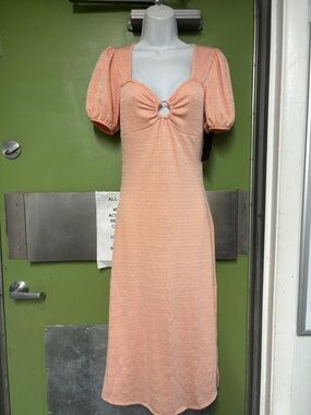 Caution To The Wind Peach Knit Midi Dress with Puff Sleeves